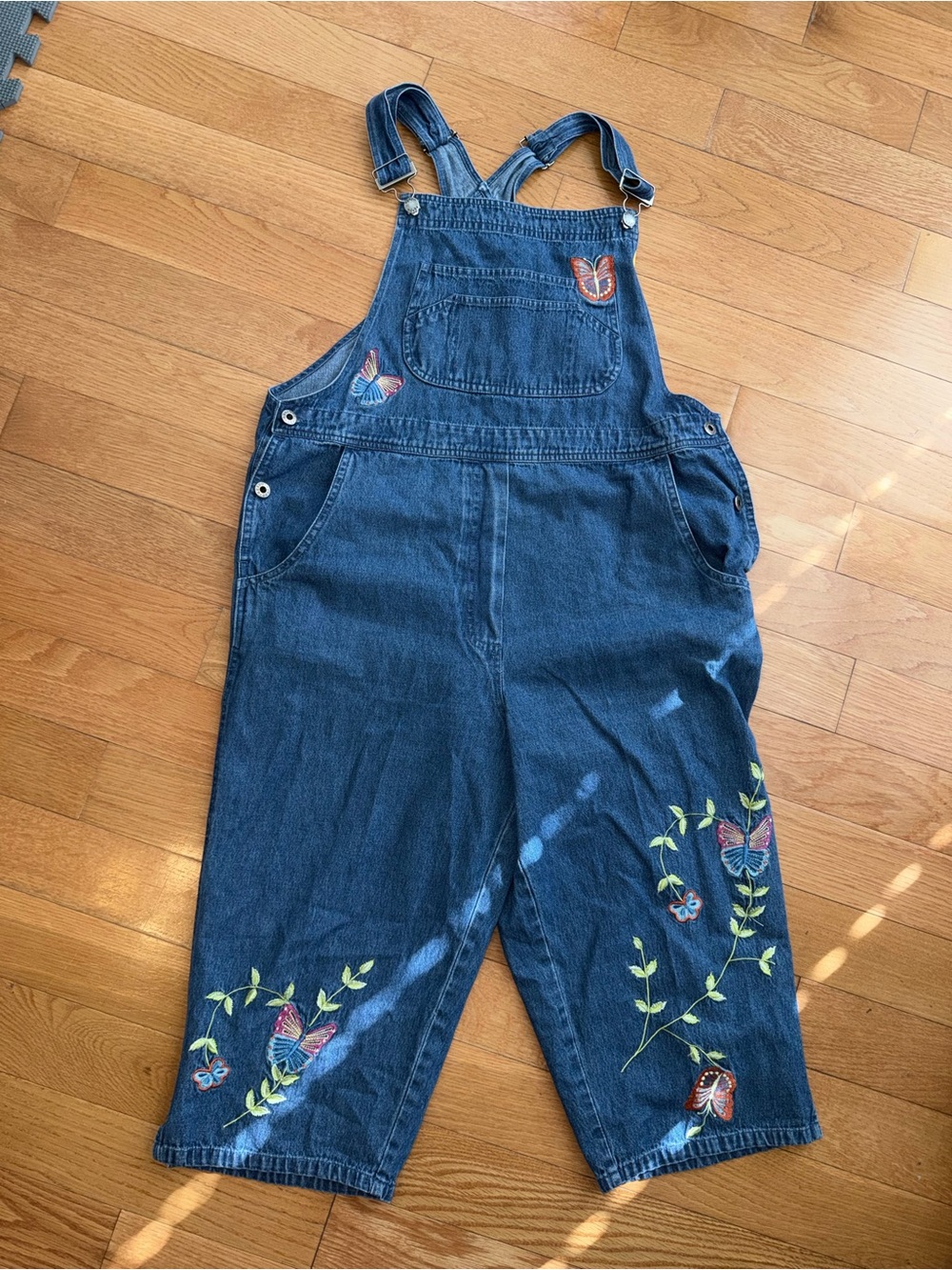 Embroidered Butterfly Denim Overalls Jumpsuit - Blue